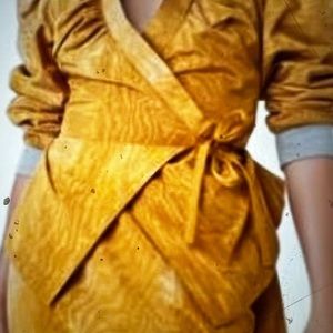 Vivienne, Westwood, gold Moray handmade tie-dyed jacket and bustle skirt set